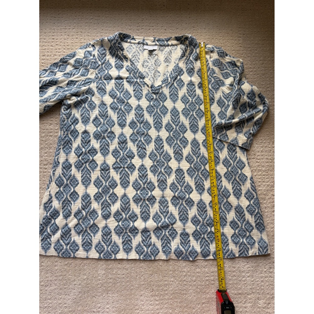 Pure Jill Tunic XL Blue 100% Cotton Ikat Print V-Neck Coastal Boho Minimalist